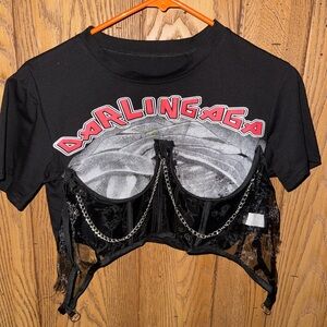 Darlingaga Black Graphic Crop Top with Lace & Chain Corset Detail